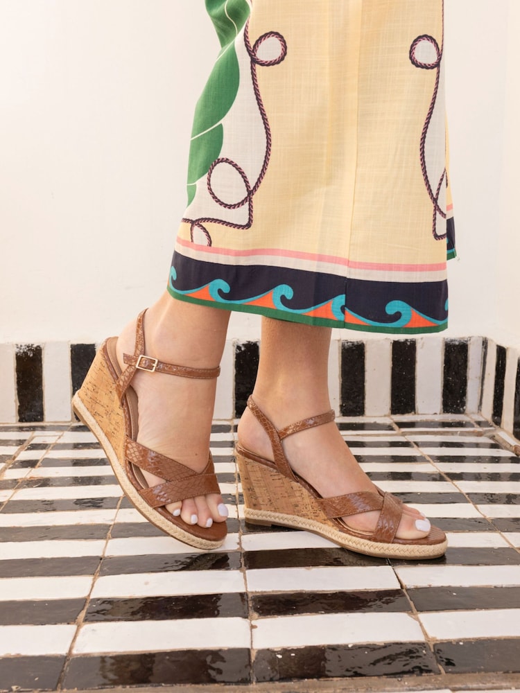 Novo Brown Wide Fit Bianca Two Part Cork Wedge Sandals - Image 1 of 6