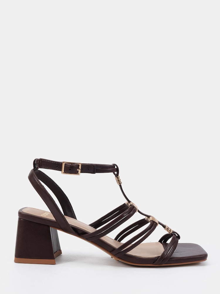 Novo Brown Wide Fit Leonora Block Heel Hardwear Strappy Sandals - Image 2 of 6