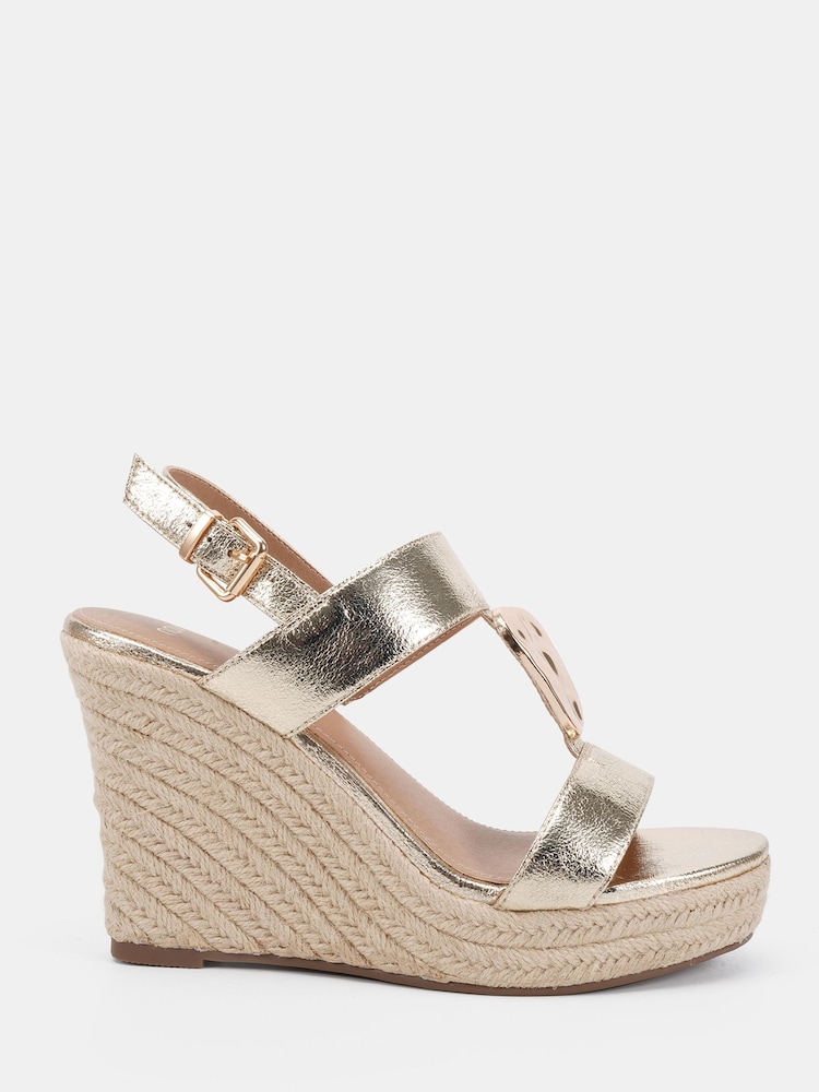 Novo Gold Wide Fit Bethany Hardware Detail Strap Wedge Sandals - Image 2 of 6
