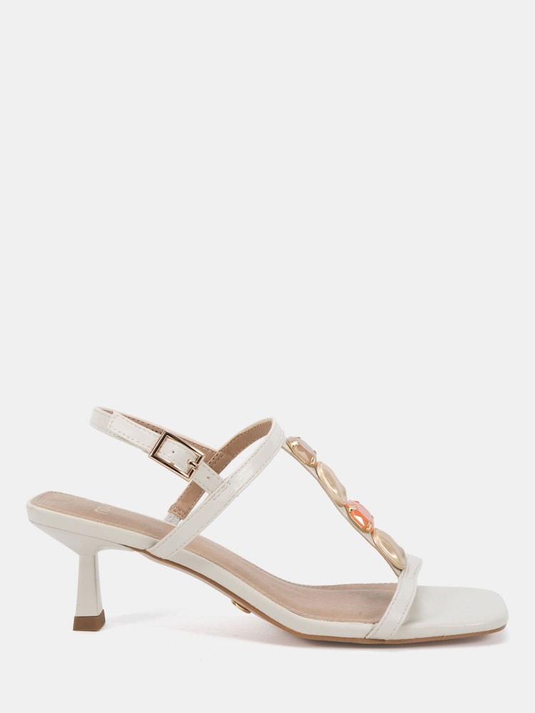 Novo White Wide Fit Lottie Mid Heel Embellished T Bar Sandals - Image 2 of 6 Novo White Wide Fit Lottie Mid Heel Embellished T Bar Sandals - Image 2 of 6