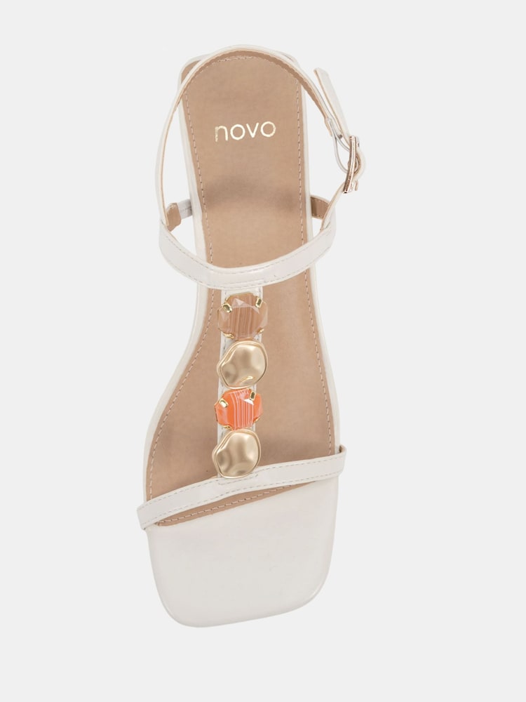 Novo White Wide Fit Lottie Mid Heel Embellished T Bar Sandals - Image 6 of 6 Novo White Wide Fit Lottie Mid Heel Embellished T Bar Sandals - Image 6 of 6