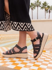 Novo Black Wide Fit Tallie Espadrille Gladiator T Bar Sandals - Image 1 of 6