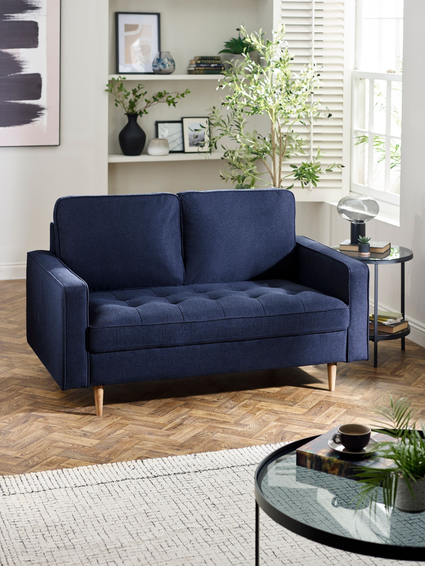 Julian Bowen Henrietta 2 Seater Deep Blue Sofa, Linen Upholstered Couch with Brown Legs, Loveseat Settee for Living Room - 91 x 152 x 90cm - Image 3
