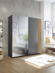 Julian Bowen Light Oak and Dark Grey Berno Sliding Door Wardrobe With Mirror - Image 1 of 15