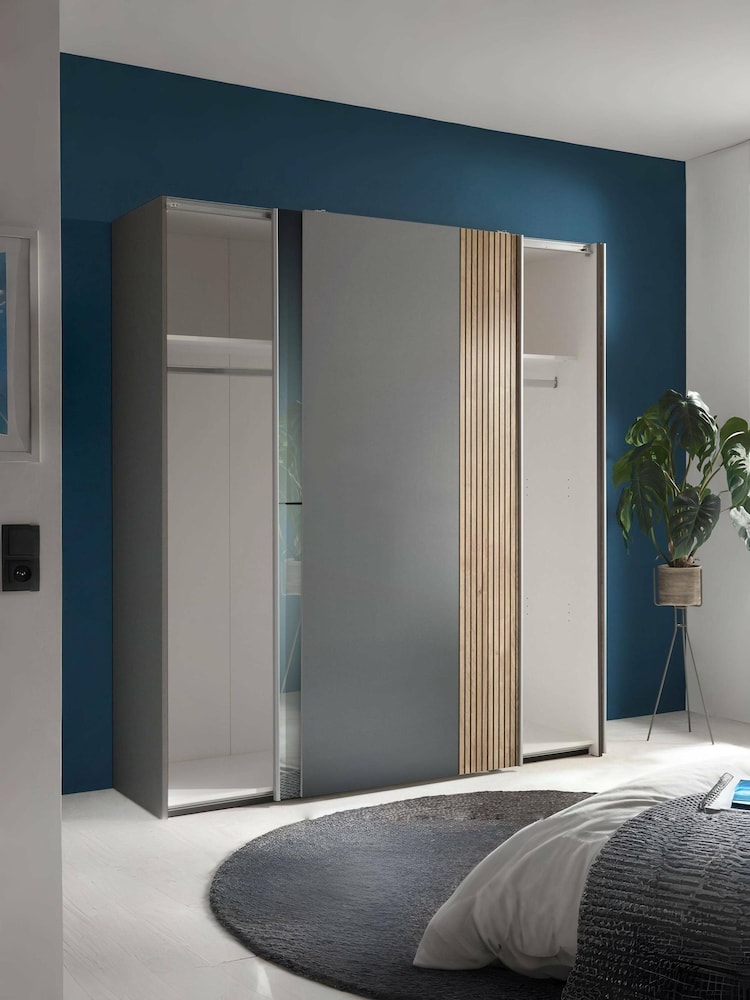 Julian Bowen Light Oak and Dark Grey Berno Sliding Door Wardrobe With Mirror - Image 2 of 15