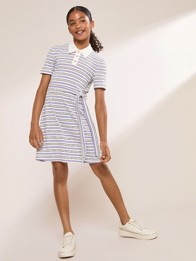Lipsy White/Purple Stripe Jersey Collar Dress (5-16yrs) - Image 1 of 5 Lipsy White/Purple Stripe Jersey Collar Dress (5-16yrs) - Image 1 of 5