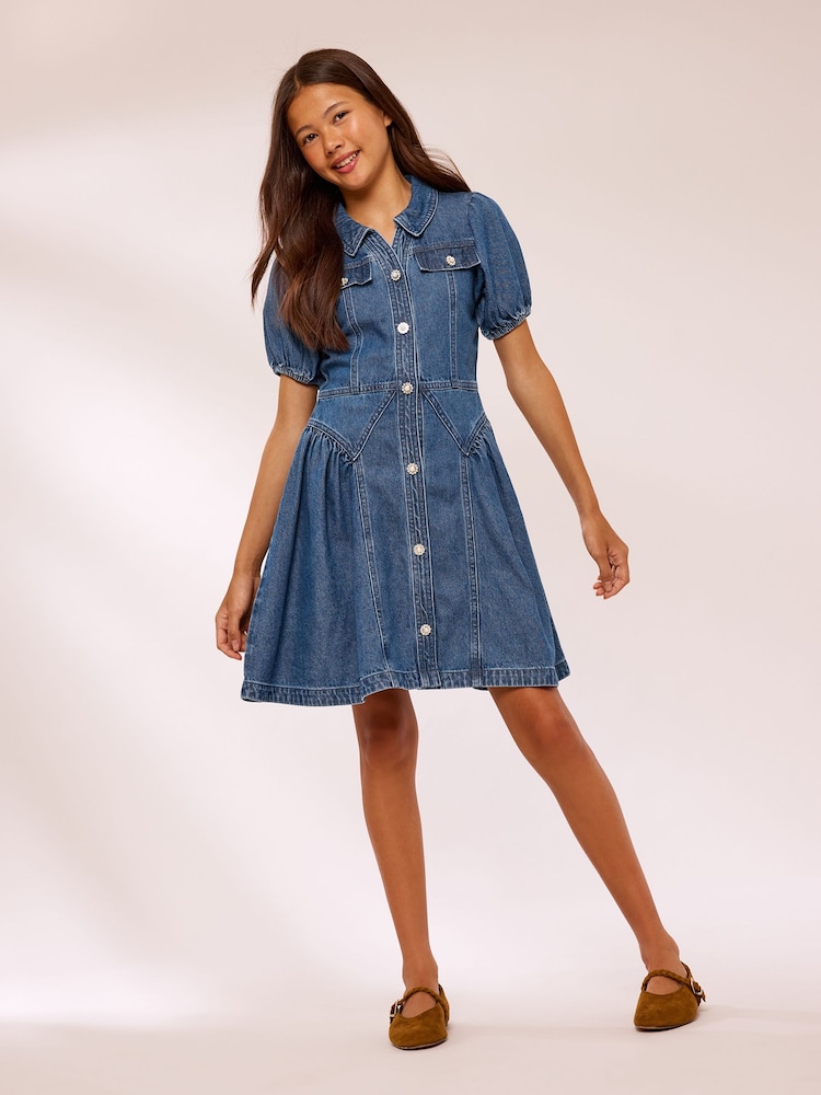 Lipsy Blue Denim Collar Diamante Dress (5-16yrs) - Image 2 of 5 Lipsy Blue Denim Collar Diamante Dress (5-16yrs) - Image 2 of 5