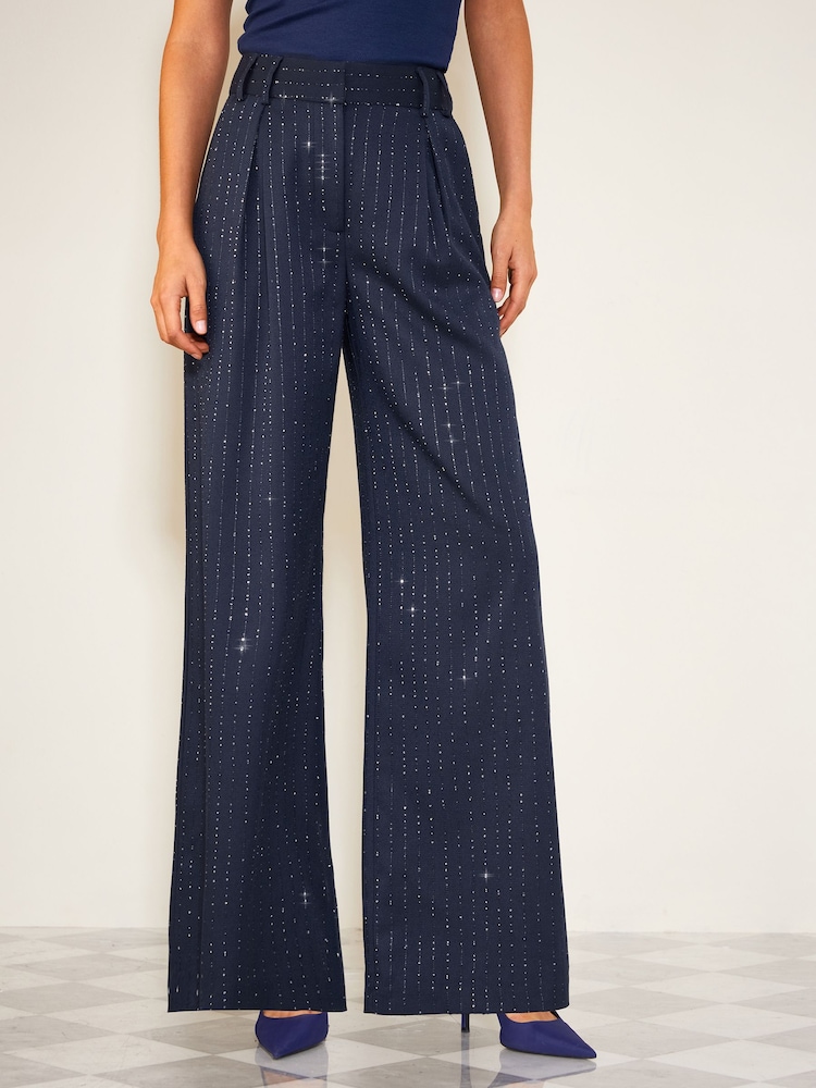 Темно-синій - Friends Like These Premium Sequin Pinstripe Wide Leg Trousers - Image 2 of 6