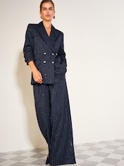 Темно-синій - Friends Like These Premium Sequin Pinstripe Wide Leg Trousers - Image 4 of 6