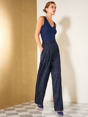 Темно-синій - Friends Like These Premium Sequin Pinstripe Wide Leg Trousers - Image 5 of 6