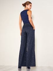 Темно-синій - Friends Like These Premium Sequin Pinstripe Wide Leg Trousers - Image 6 of 6