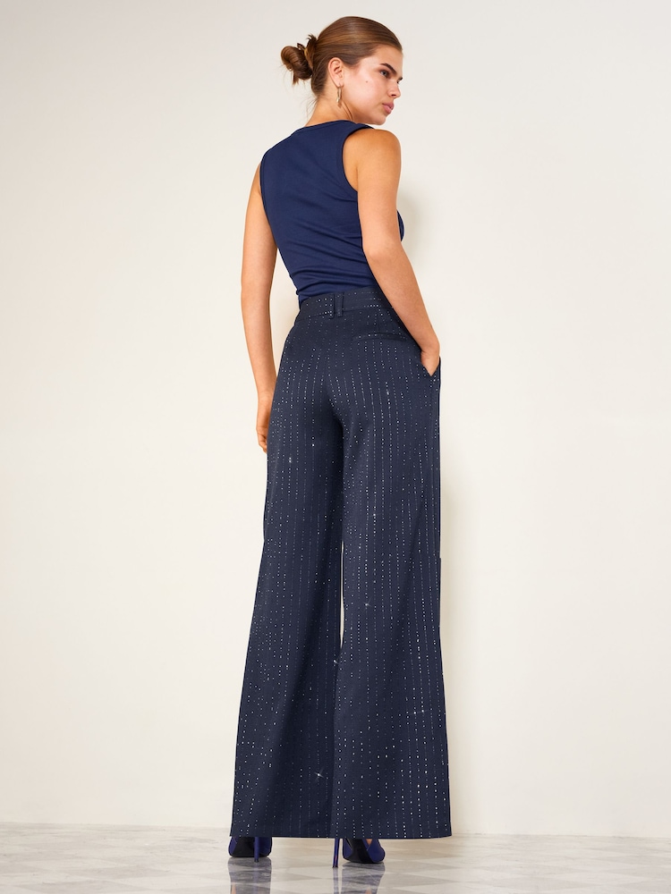 Темно-синій - Friends Like These Premium Sequin Pinstripe Wide Leg Trousers - Image 6 of 6