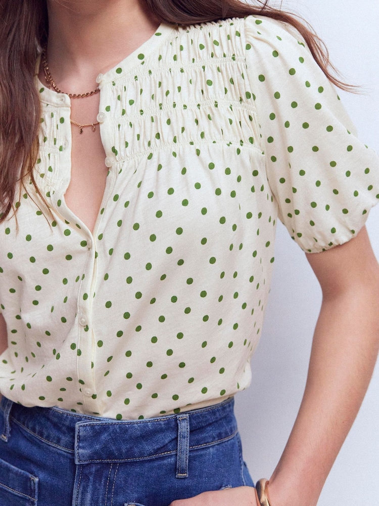 Boden Cream Mya Short Sleeve Smocked Shirt - Image 2 of 5