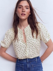 Boden Cream Mya Short Sleeve Smocked Shirt - Image 4 of 5