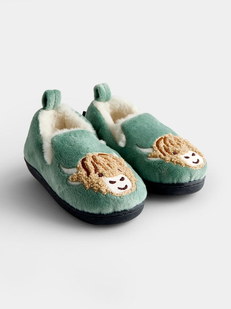 JoJo Maman Bébé Green Highland Cow Slipper Shoe - Image 1 of 4 JoJo Maman Bébé Green Highland Cow Slipper Shoe - Image 1 of 4