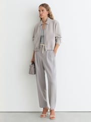 Reiss Light Grey Lottie Suede Petite Suede Cropped Bomber Jacket - Image 1 of 6