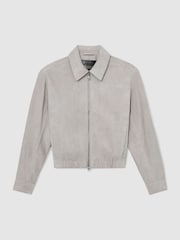 Reiss Light Grey Lottie Suede Petite Suede Cropped Bomber Jacket - Image 2 of 6
