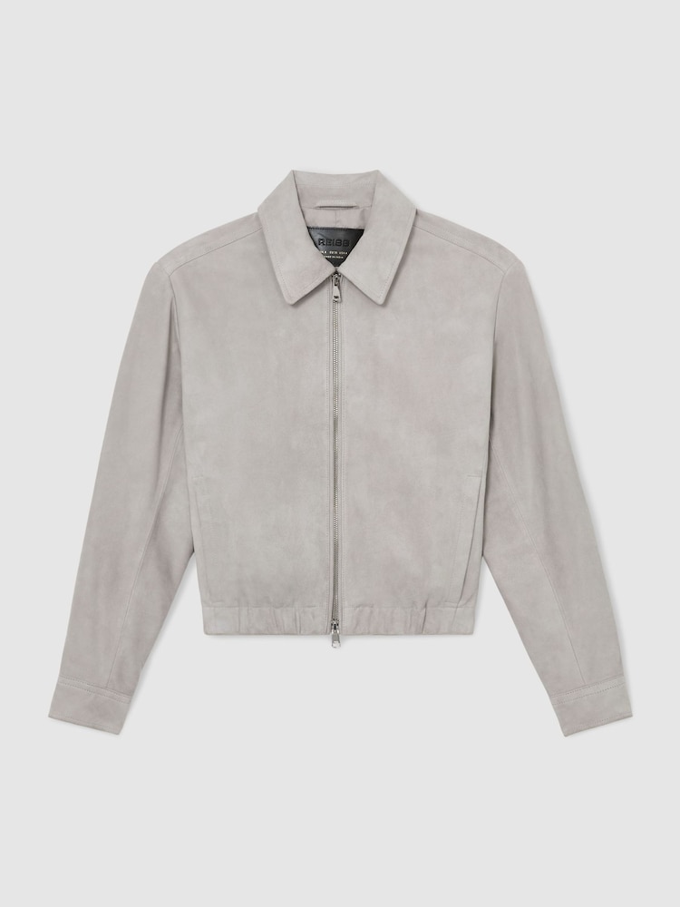 Reiss Light Grey Lottie Suede Petite Suede Cropped Bomber Jacket - Image 2 of 6