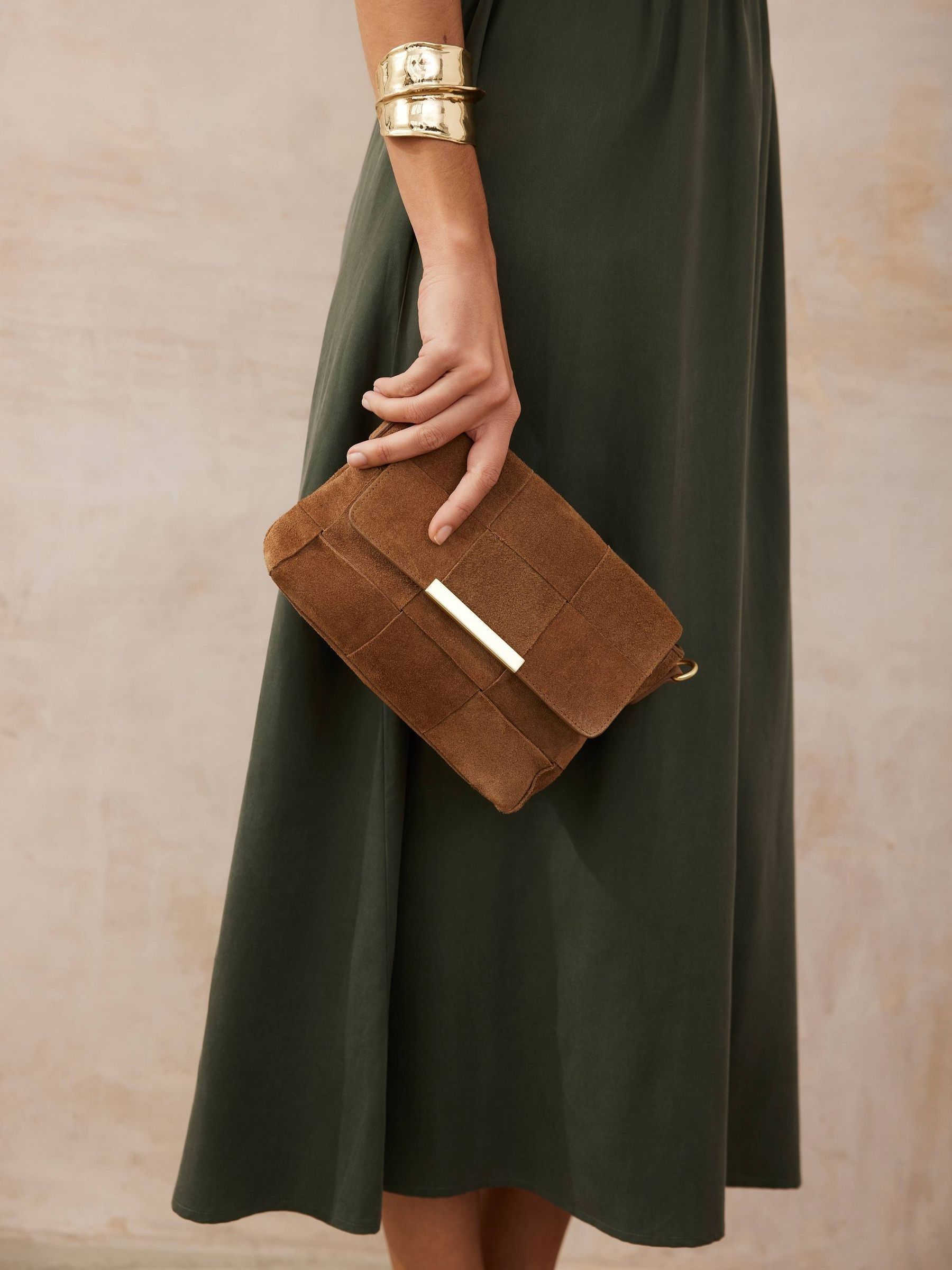 Buy Mint Velvet Tan Brown Lara Suede Woven Cross-Body Bag from the
