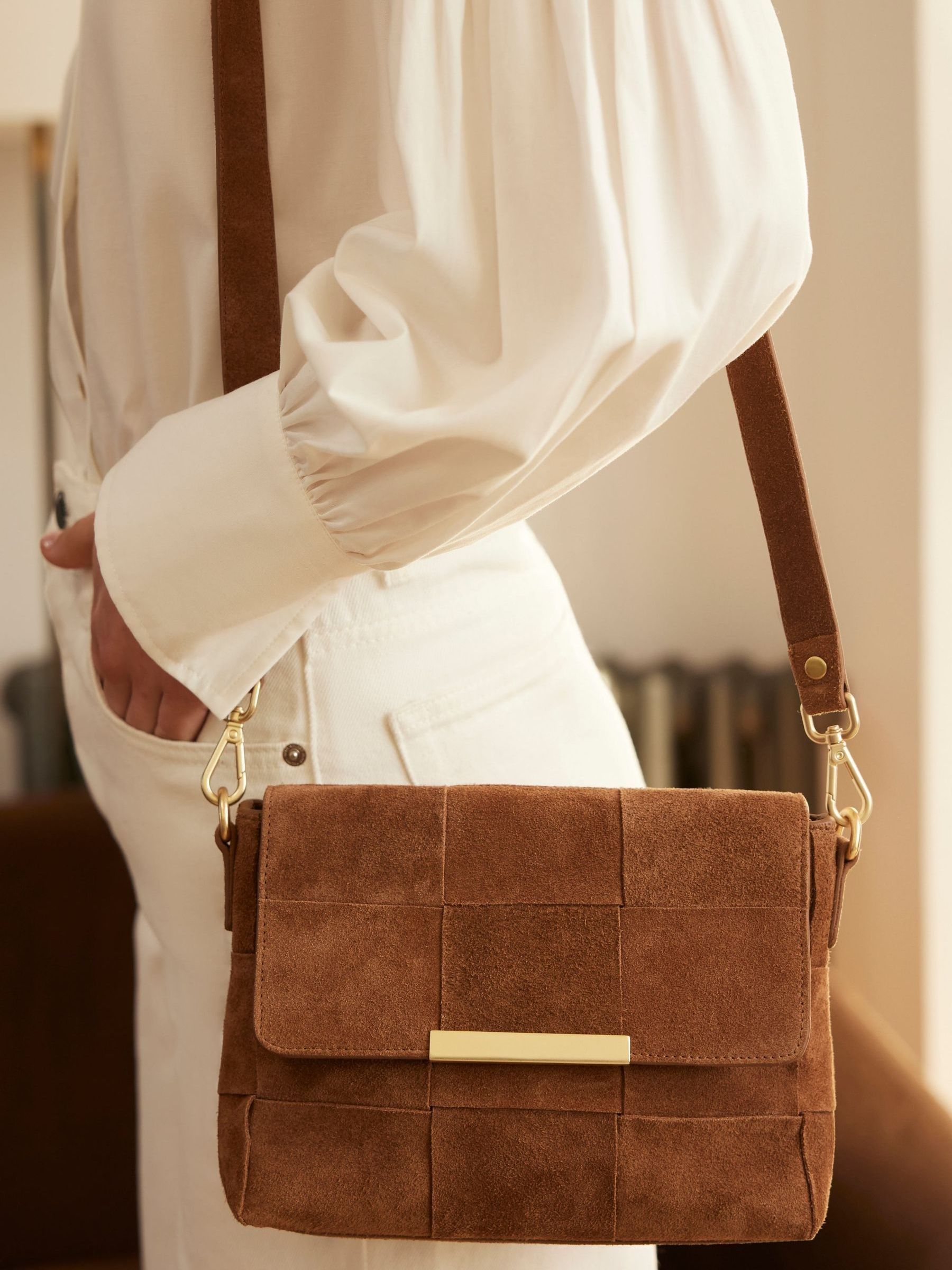 Buy Mint Velvet Tan Brown Lara Suede Woven Cross-Body Bag from the