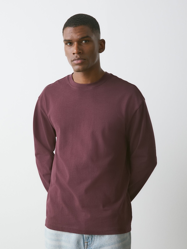 Burgundy Red Relaxed Fit Heavyweight Long Sleeve T-Shirt - Image 1 of 7 Burgundy Red Relaxed Fit Heavyweight Long Sleeve T-Shirt - Image 1 of 7