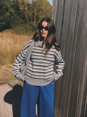 Lipsy Grey Stripe Knitted Wool Blend Rugby Jumper - Image 1 of 5