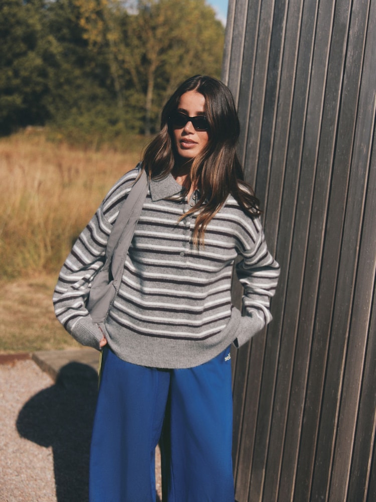 Lipsy Grey Stripe Knitted Wool Blend Rugby Jumper - Image 1 of 5 Lipsy Grey Stripe Knitted Wool Blend Rugby Jumper - Image 1 of 5