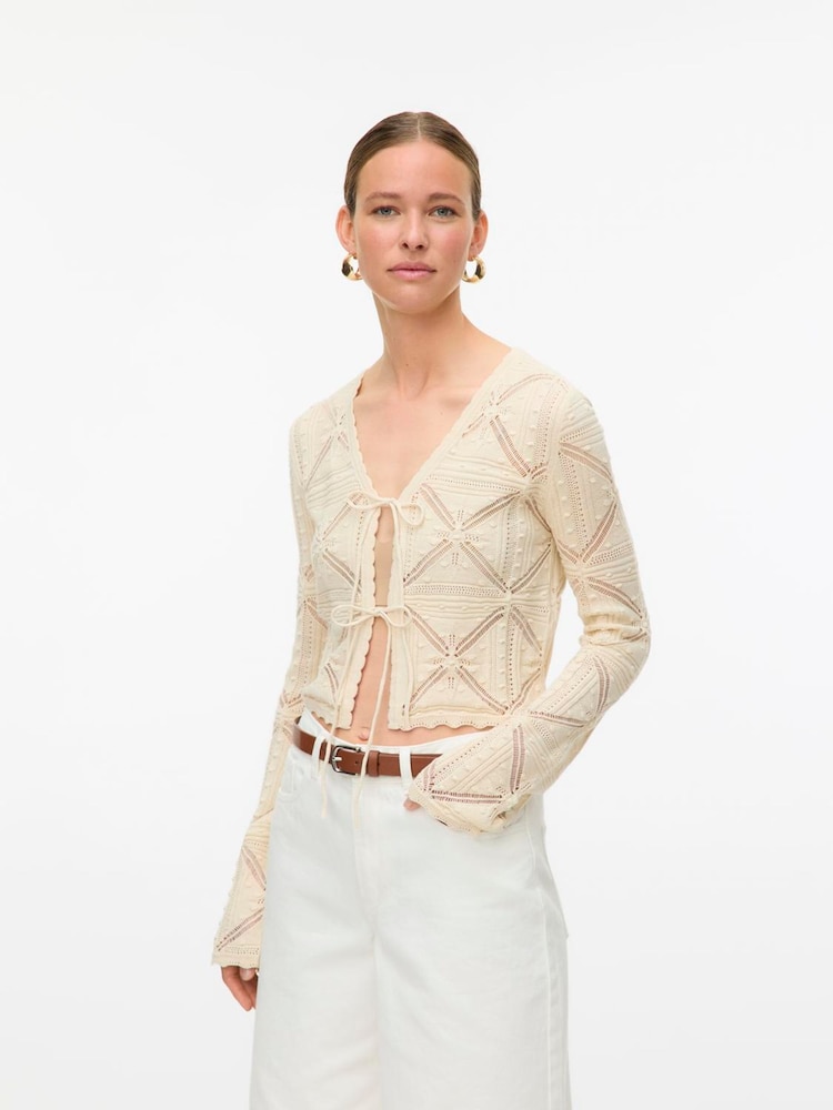VERO MODA Cream Long Sleeve V Neck Crochet Cardigan - Image 1 of 4