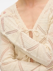 VERO MODA Cream Long Sleeve V Neck Crochet Cardigan - Image 3 of 4