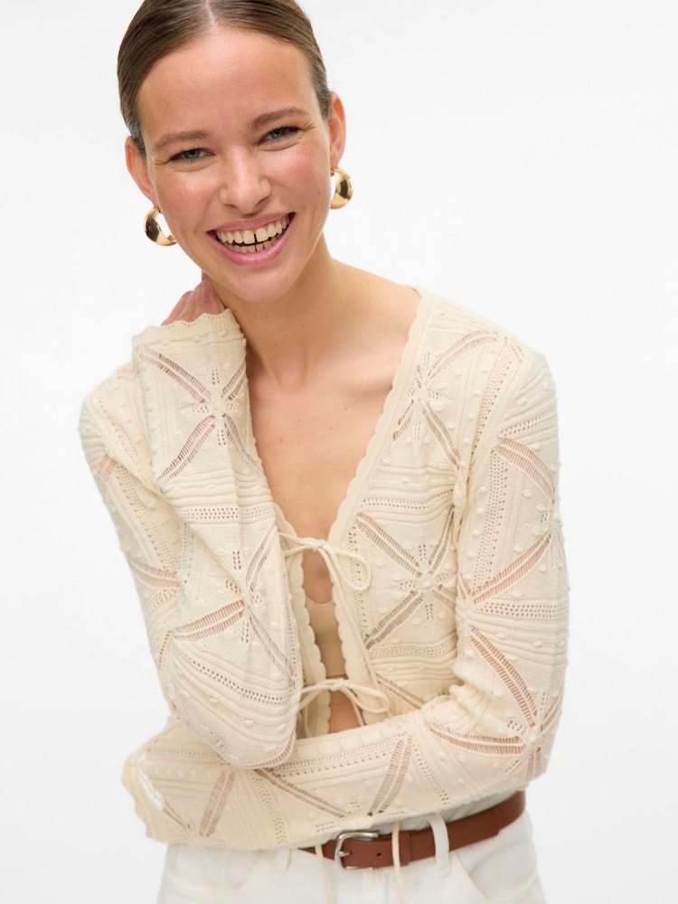 VERO MODA Cream Long Sleeve V Neck Crochet Cardigan - Image 4 of 4