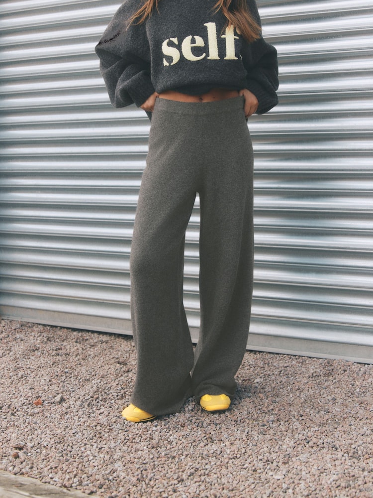 self. Charcoal Grey Knitted Wide Leg Trousers - Image 1 of 5