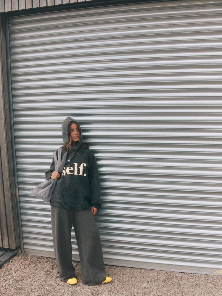 self. Charcoal Grey Knitted Wide Leg Trousers - Image 2 of 5
