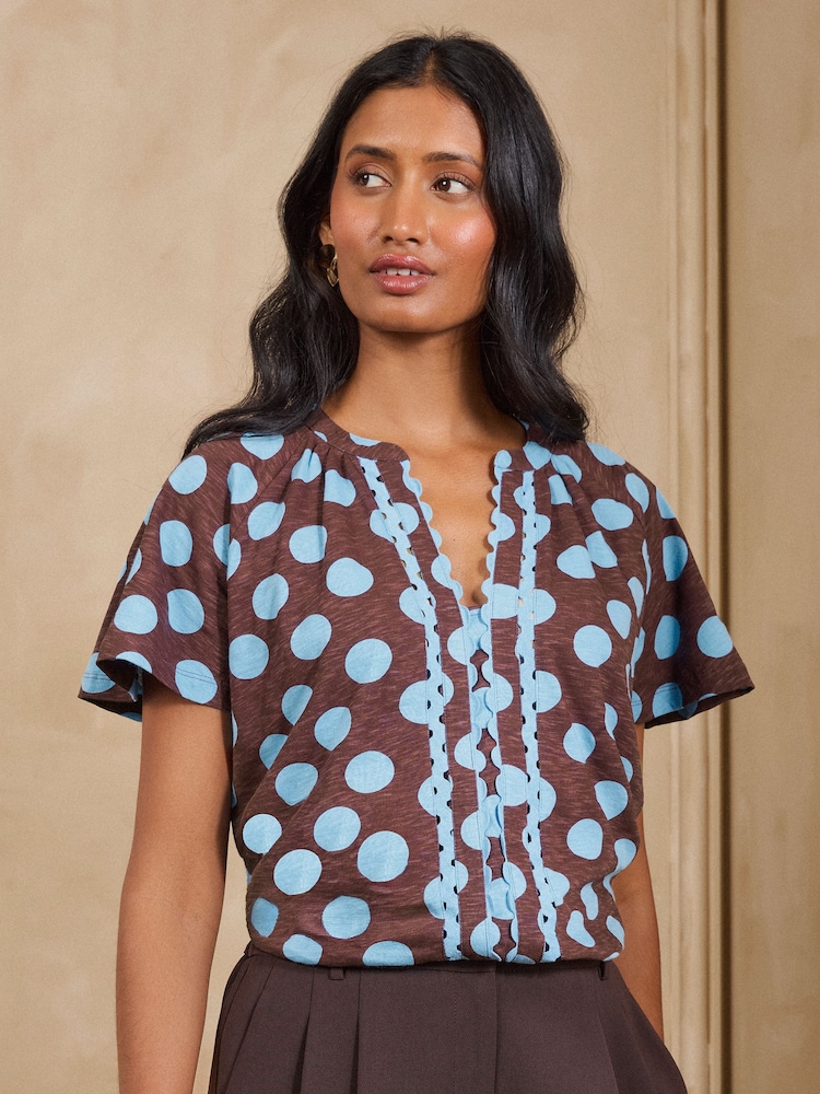 Love & Roses Chocolate Brown Spot Notch Neck Ric Rac Short Sleeve Top - Image 1 of 4