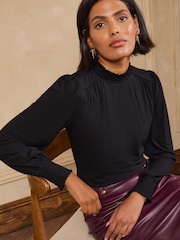 Love & Roses Black Piecrust Long Sleeve Jersey Top - Image 1 of 5