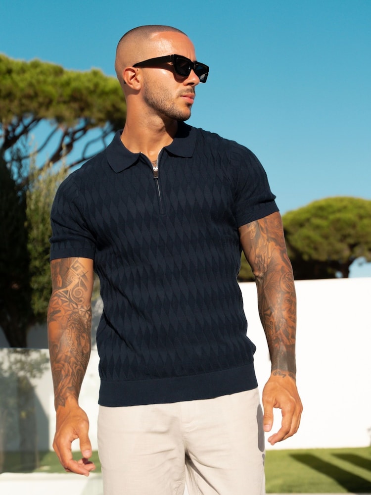 Azul - CAPO Egyptian Cotton Diamond Zip Polo Shirt - Imagen 1 de 3