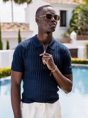 Azul - CAPO Egyptian Cotton Diamond Zip Polo Shirt - Imagen 3 de 3