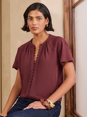 Love & Roses Burgundy Red Notch Neck Ric Rac Short Sleeve Top - Image 1 of 5