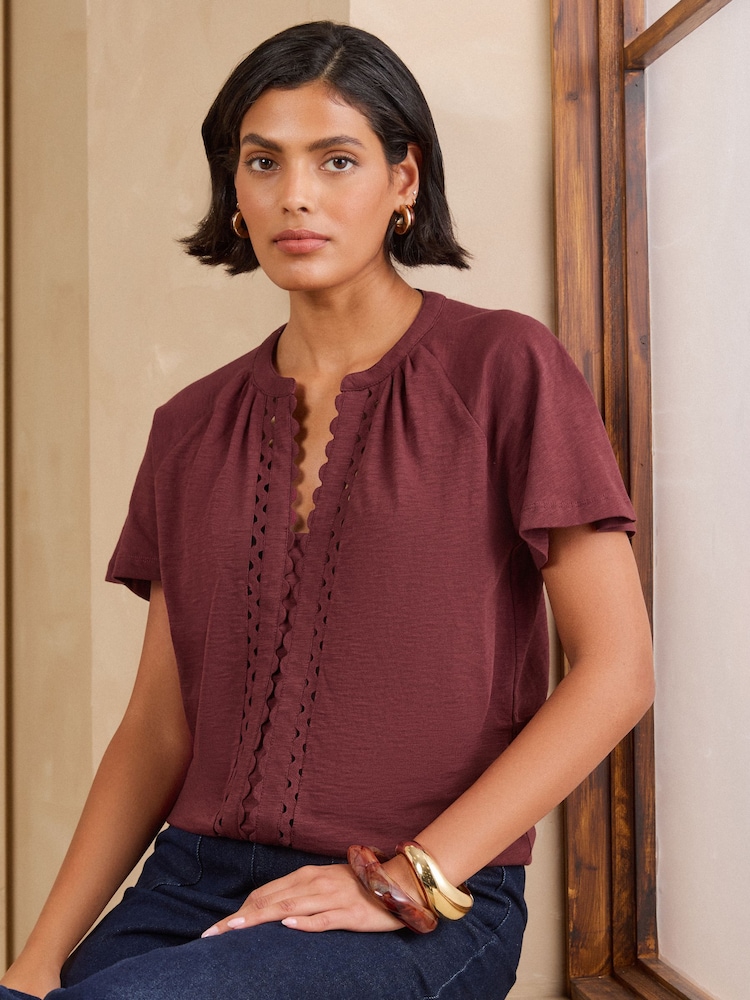 Love & Roses Burgundy Red Notch Neck Ric Rac Short Sleeve Top - Image 1 of 5