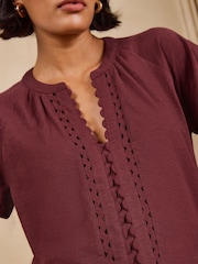 Love & Roses Burgundy Red Notch Neck Ric Rac Short Sleeve Top - Image 2 of 5
