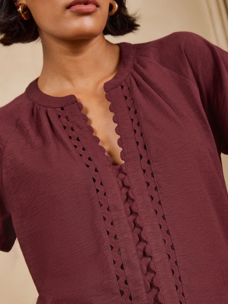 Love & Roses Burgundy Red Notch Neck Ric Rac Short Sleeve Top - Image 2 of 5