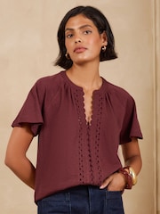 Love & Roses Burgundy Red Notch Neck Ric Rac Short Sleeve Top - Image 3 of 5