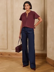 Love & Roses Burgundy Red Notch Neck Ric Rac Short Sleeve Top - Image 4 of 5