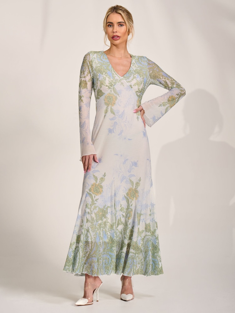 Jolie Moi Green Long Sleeve Godet Mesh Maxi Dress - Image 1 of 6 Jolie Moi Green Long Sleeve Godet Mesh Maxi Dress - Image 1 of 6