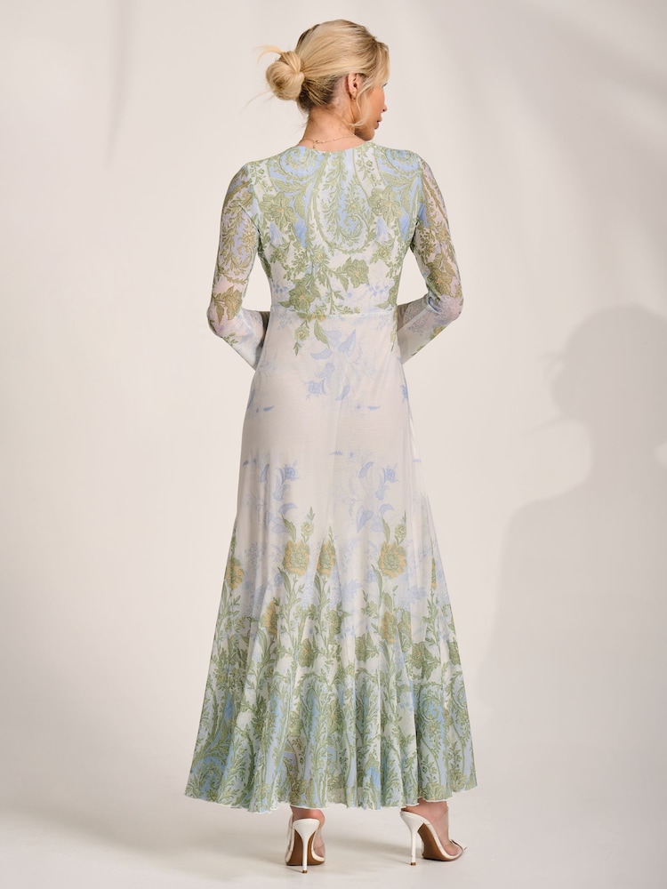 Jolie Moi Green Long Sleeve Godet Mesh Maxi Dress - Image 2 of 6 Jolie Moi Green Long Sleeve Godet Mesh Maxi Dress - Image 2 of 6