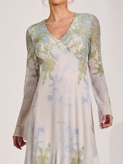 Jolie Moi Green Long Sleeve Godet Mesh Maxi Dress - Image 3 of 6