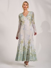 Jolie Moi Green Long Sleeve Godet Mesh Maxi Dress - Image 4 of 6
