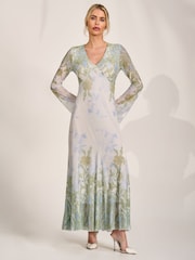 Jolie Moi Green Long Sleeve Godet Mesh Maxi Dress - Image 5 of 6