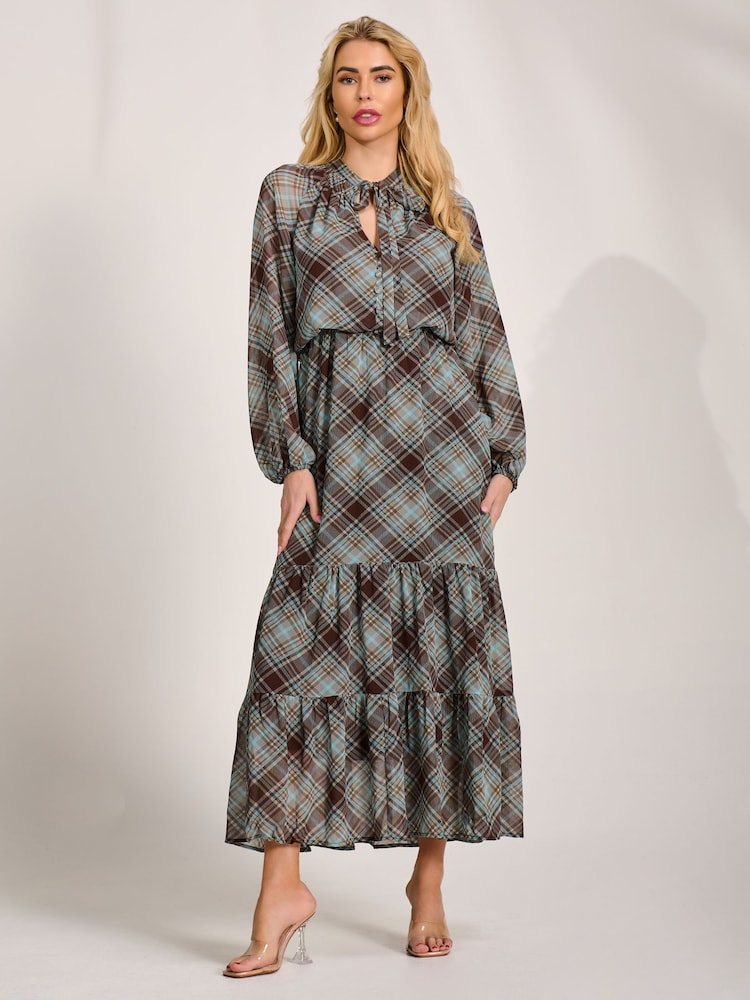 Jolie Moi Brown Chiffon Long Sleeve Tiered Maxi Dress - Image 1 of 6