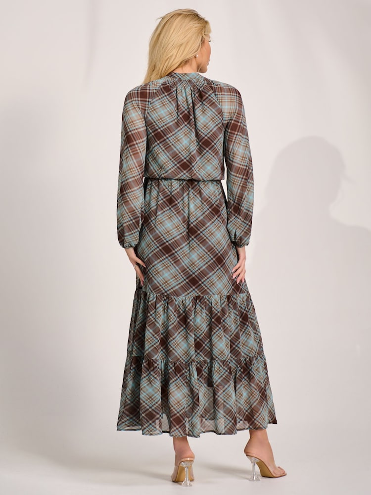 Jolie Moi Brown Chiffon Long Sleeve Tiered Maxi Dress - Image 2 of 6