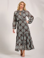 Jolie Moi Brown Chiffon Long Sleeve Tiered Maxi Dress - Image 5 of 6